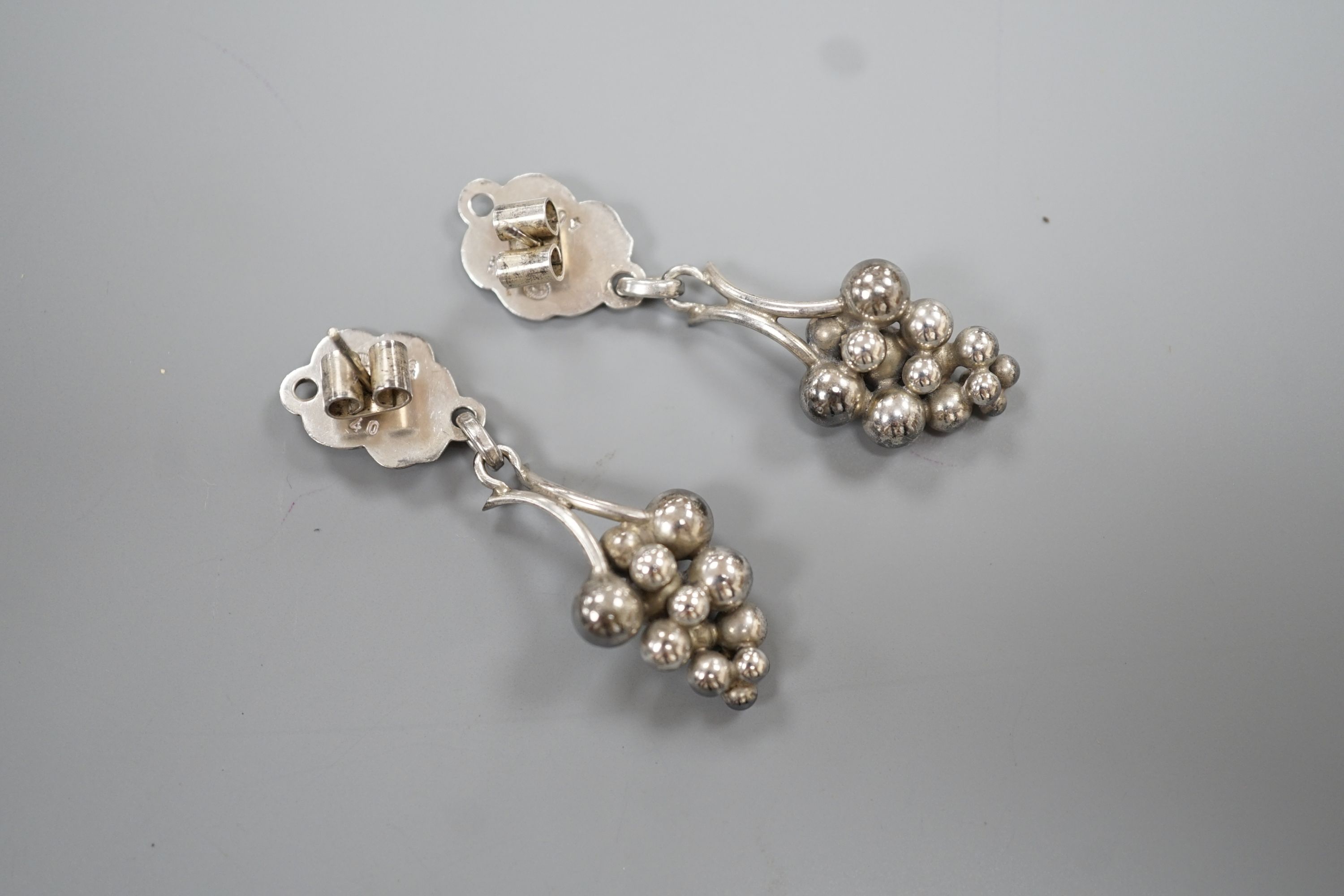 A pair of Georg Jensen sterling 'bunch of grapes' drop earrings, no.40, 46mm